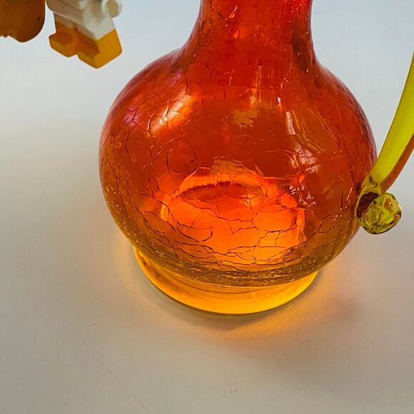 Orange Yellow Amber Crackle Glass Handled Small Pitcher Vase Partial Glow MCM - Picture 9 of 11